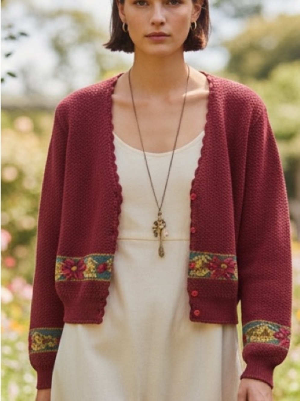 Herman Geist Petites Hand Embroidered Wool Blend Cardigan Sweater Cottagecore